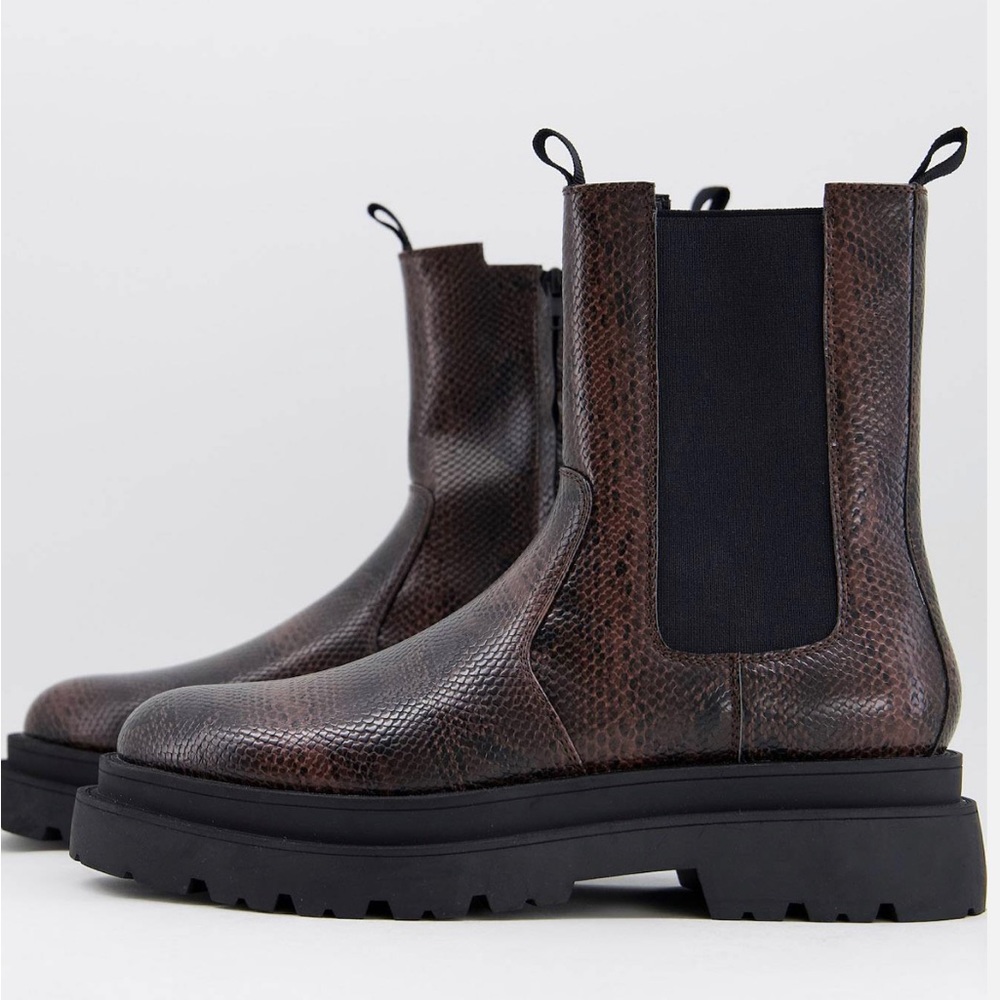 ASOS DESIGN calf length chelsea boot in brown faux snake with black sole